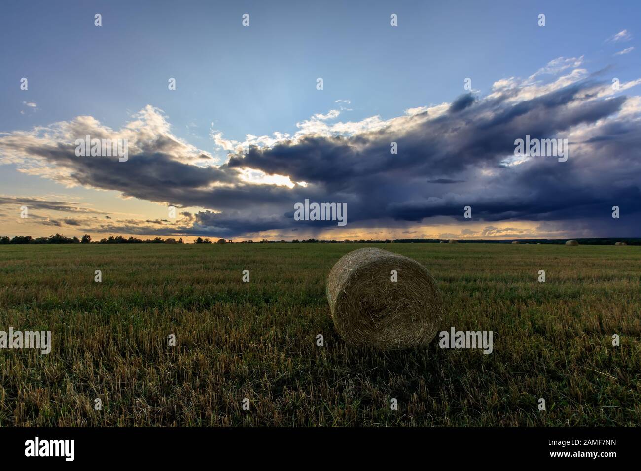 Haystacks on the field in Autumn season. Rural landscape with cloudy ...