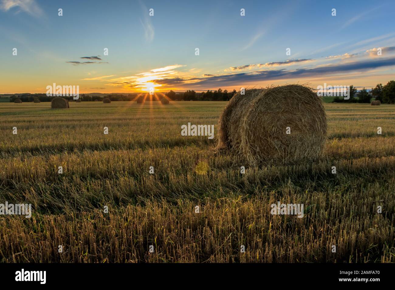 Haystacks on the field in Autumn season. Rural landscape with cloudy ...
