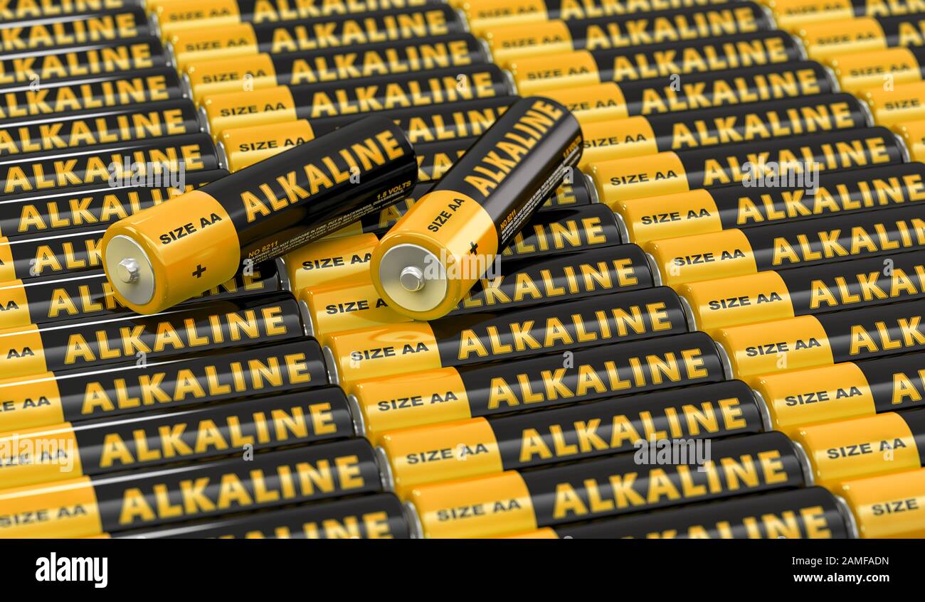 Rows of generic AA batteries with the label 'Alkaline' 3D Rendering