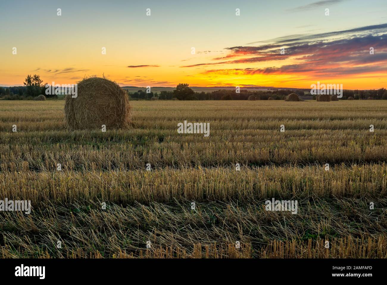Haystacks on the field in Autumn season. Rural landscape with cloudy ...