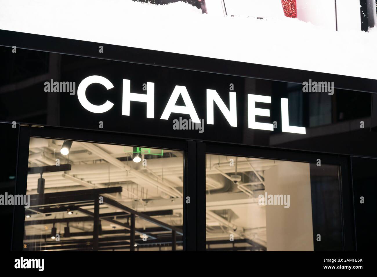 French high fashion house Chanel logo seen in Shanghai. Stock Photo