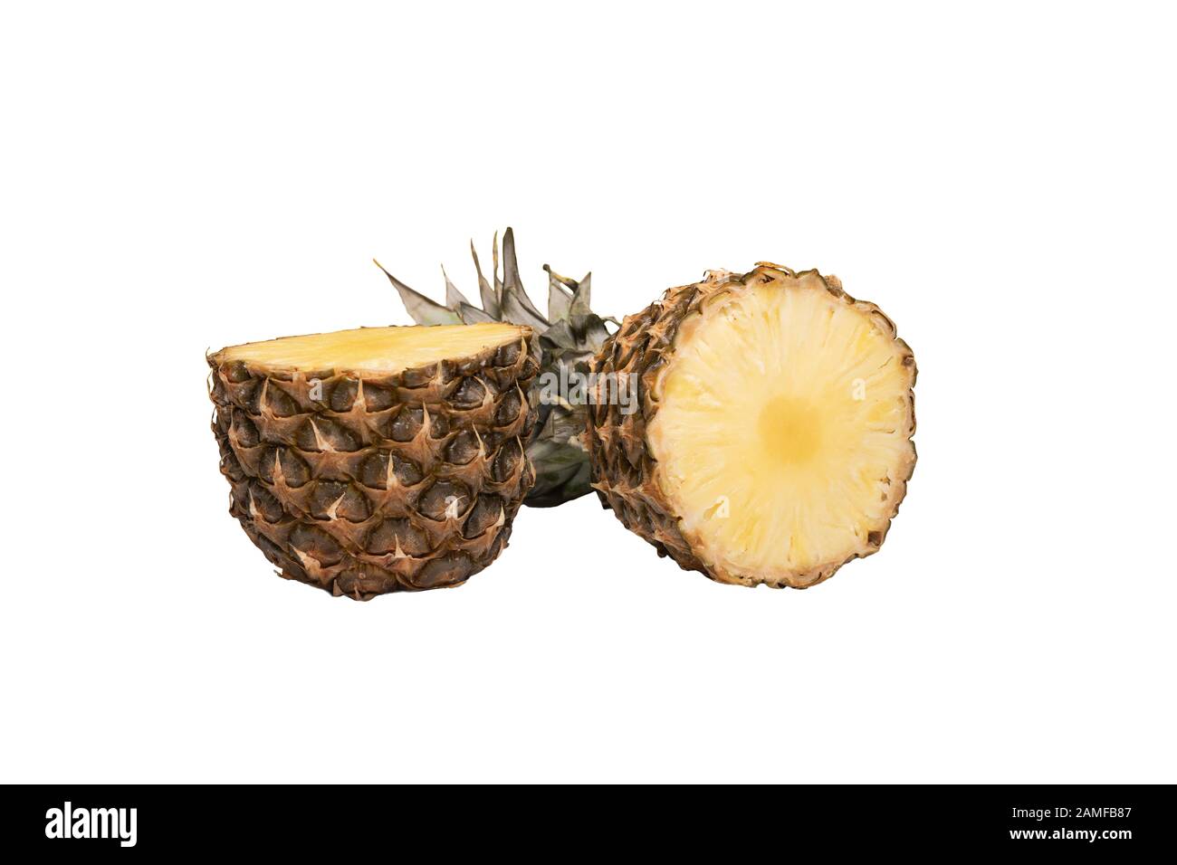 Pineapple half. Cut pineapple on white background. Pineapple isolated. Stock Photo