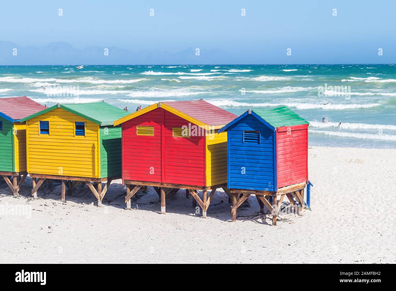 Cape Town colored beach huts (changing bath houses) on Muizenberg beach