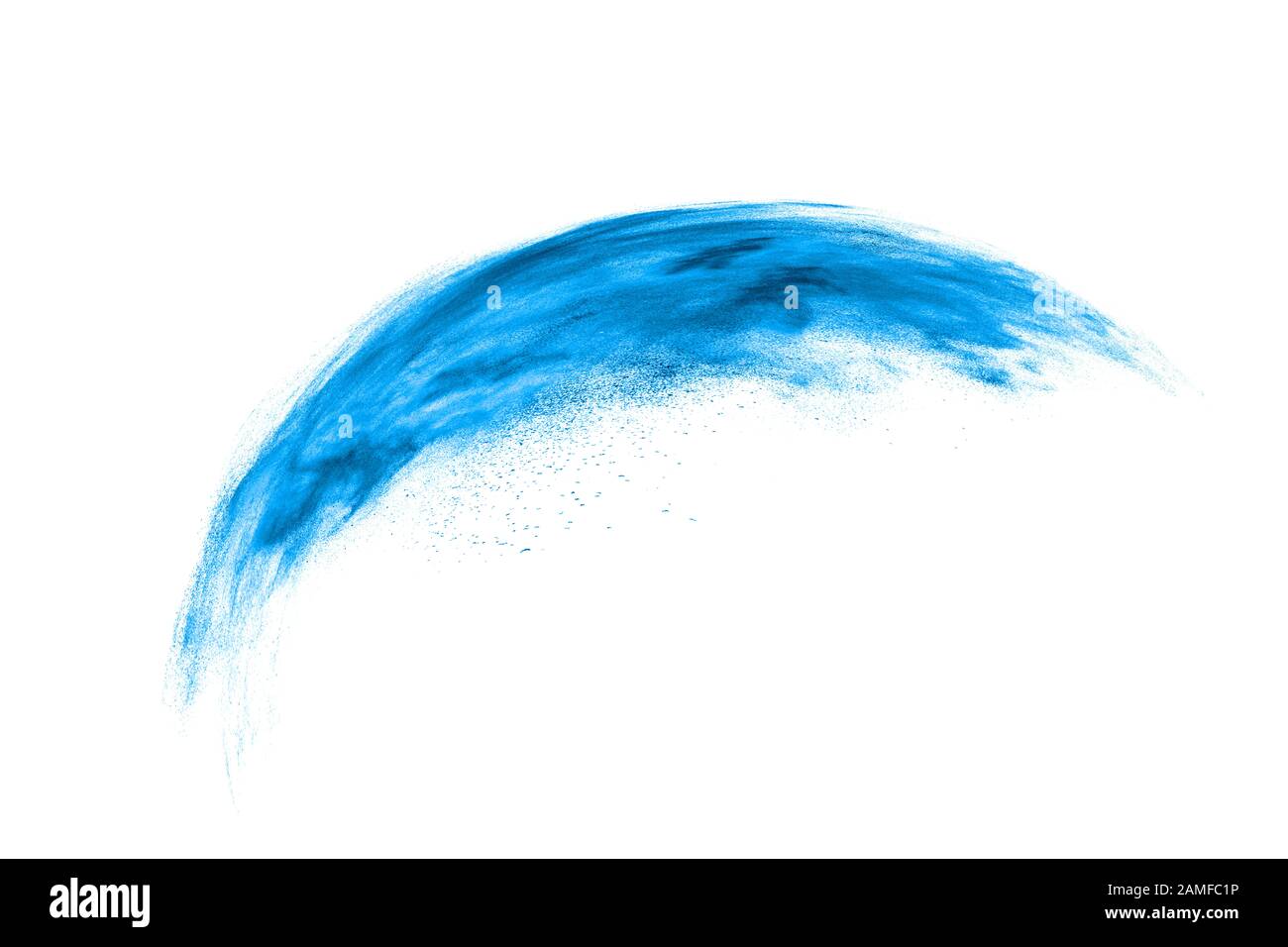 Powder splash of blue dust on a white background with copy space