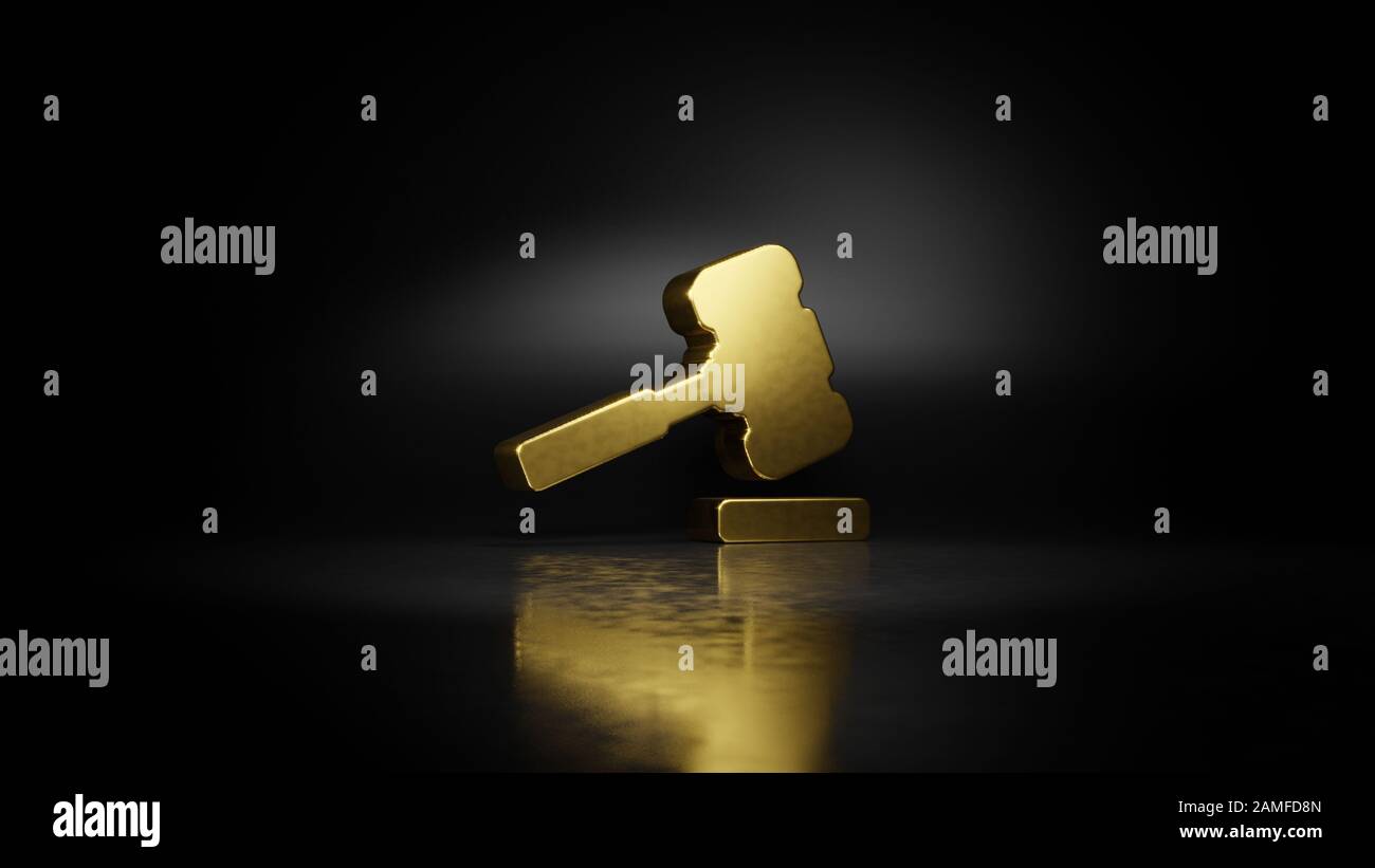 gold metal symbol of law hammer 3D rendering with blurry reflection on ...