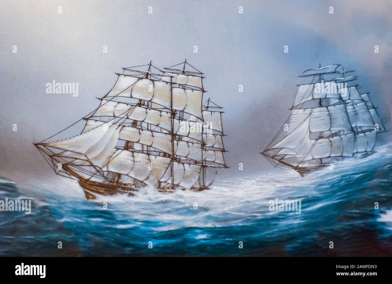 Illustration of two tall ships with full sail sailing in a rough sea ...