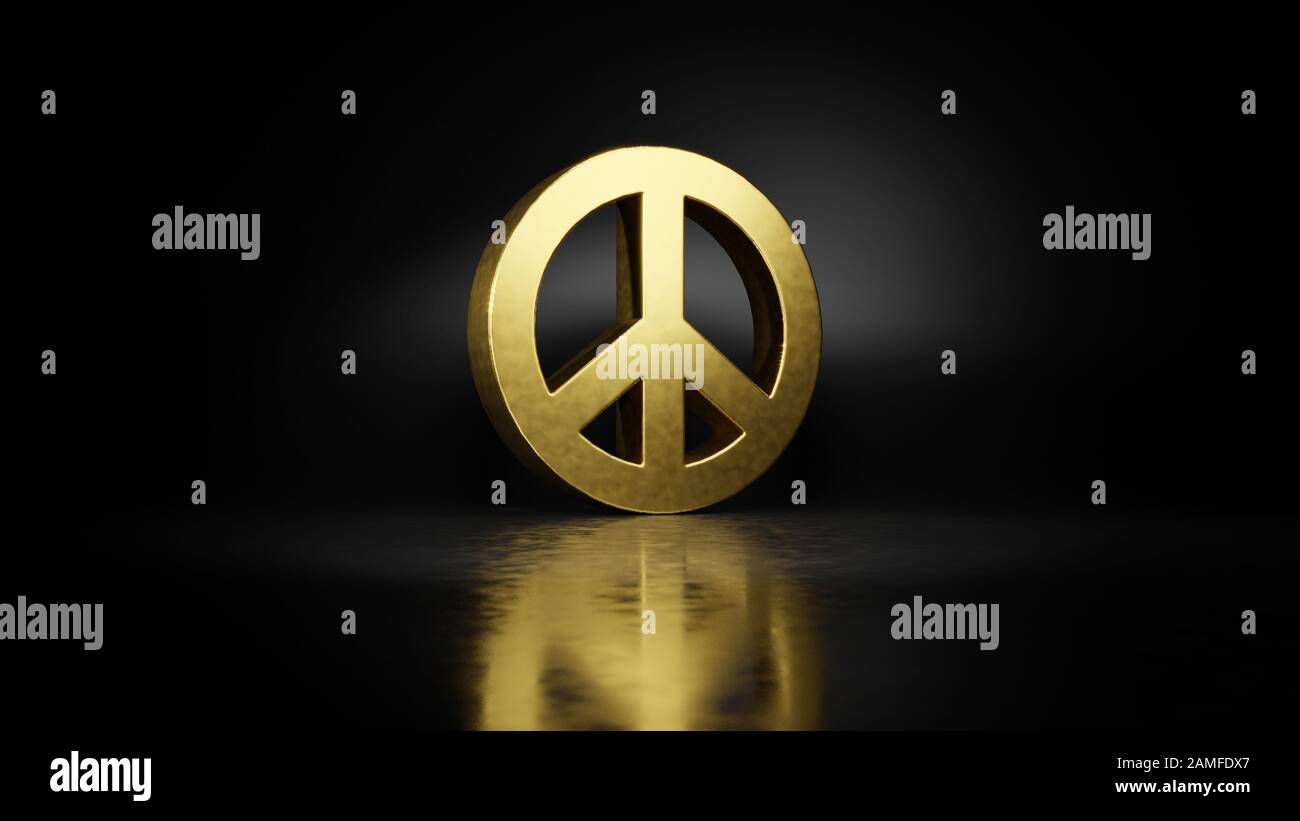 gold metal symbol of peace 3D rendering with blurry reflection on floor with dark background Stock Photo