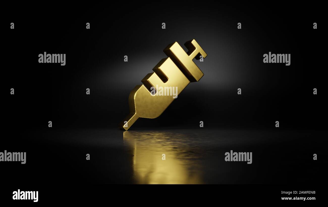 Gold Stamp Injection gold metal symbol of injection 3D rendering with blurry reflection on ...
