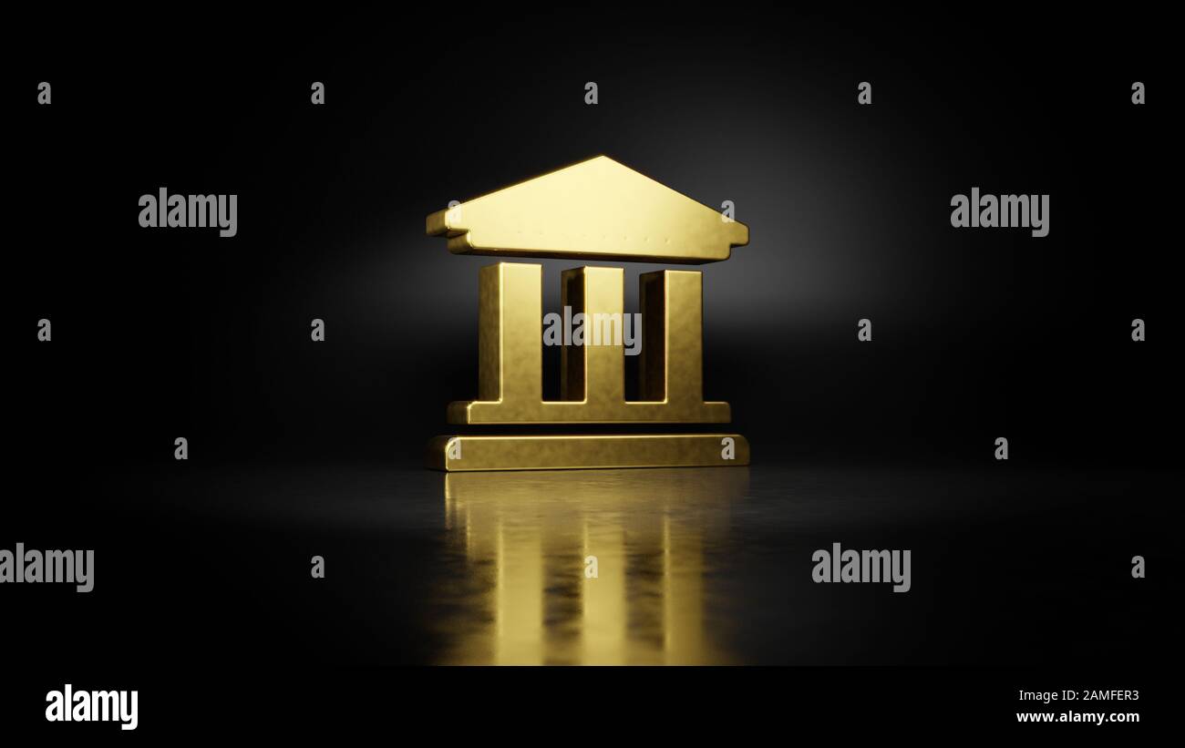 gold metal symbol of university building with trhee ancient column 3D rendering with blurry reflection on floor with dark background Stock Photo