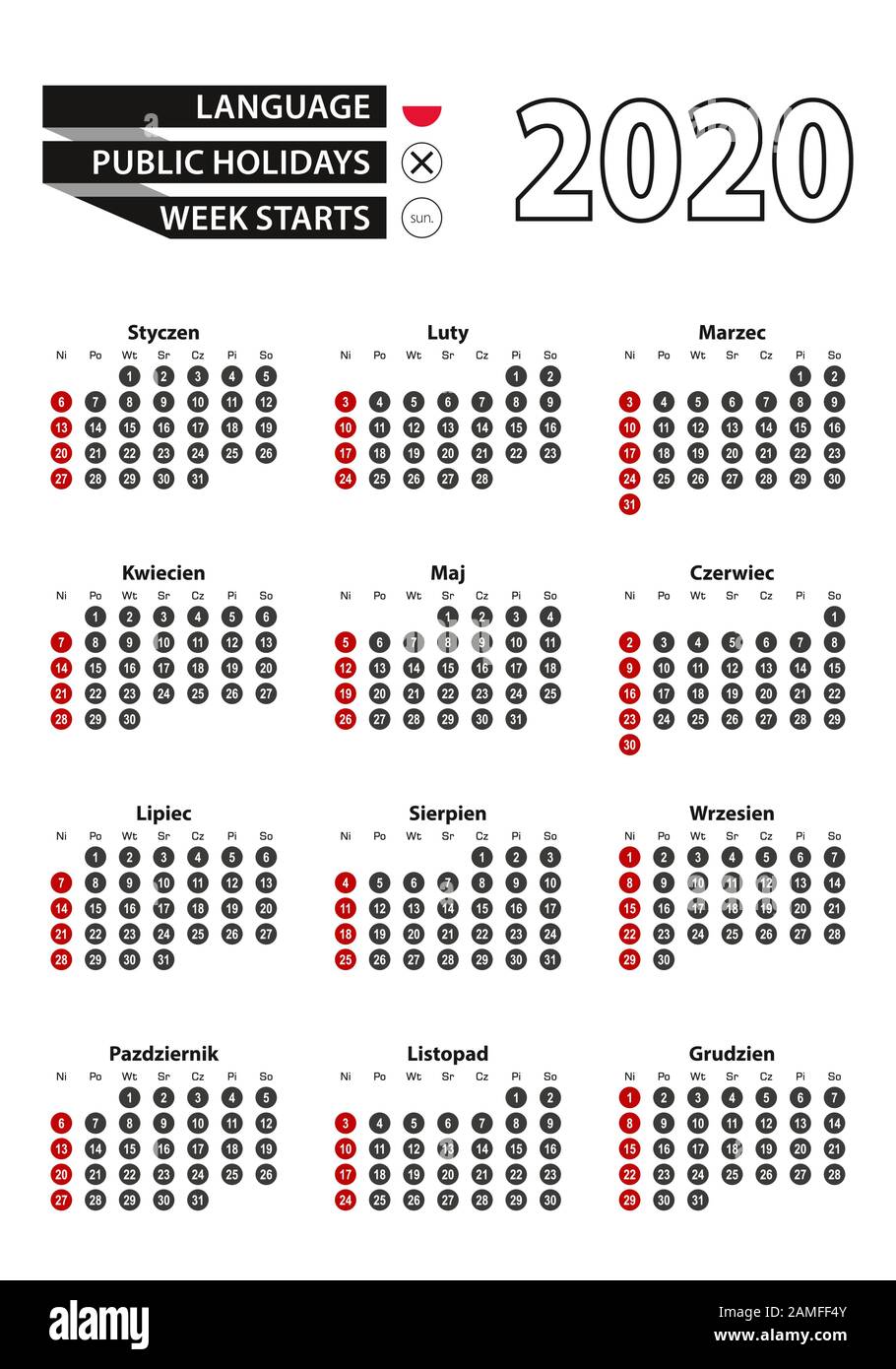 Polish calendar 2020 with numbers in circles, week starts on Sunday