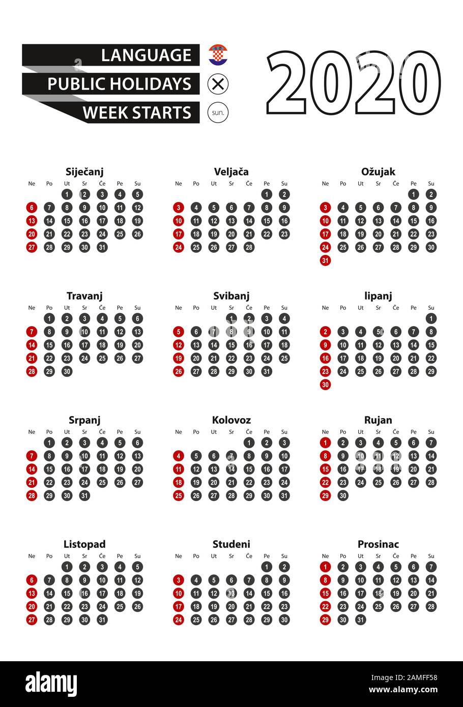 Croatian calendar 2020 with numbers in circles, week starts on Sunday. Vector calendar 2020. Stock Vector
