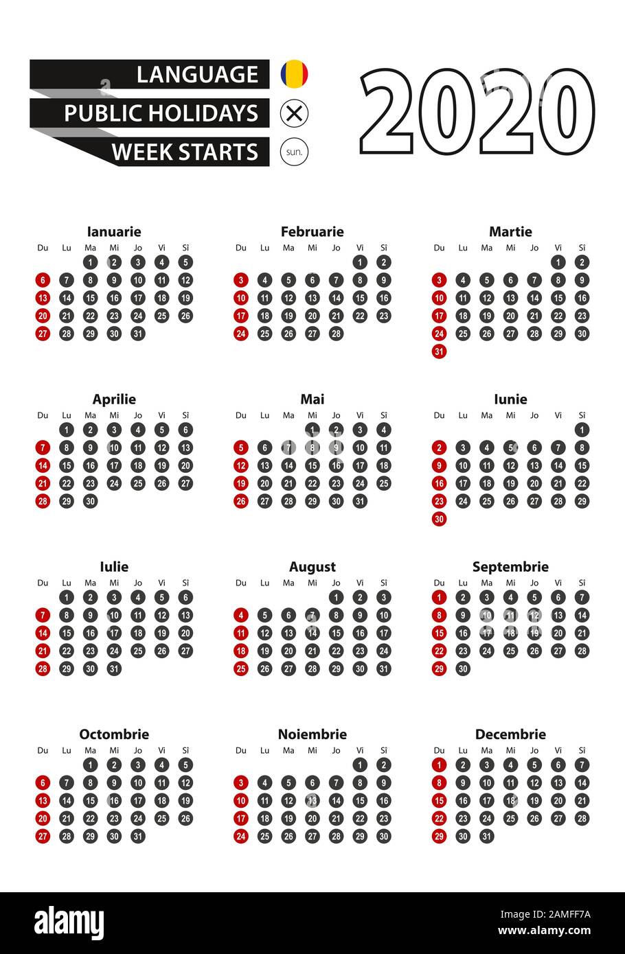 Romanian calendar 2020 with numbers in circles, week starts on Sunday