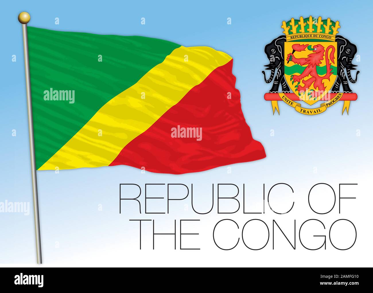 Republic of Congo official national flag and coat of arms, african country, vector illustration Stock Vector