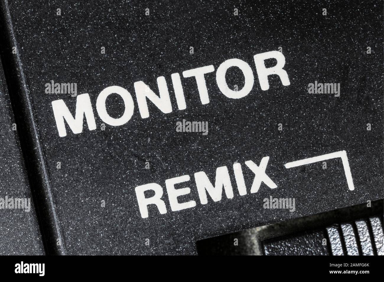 Macro close up photograph of vintage audio mixing board monitor remix control detail. Stock Photo