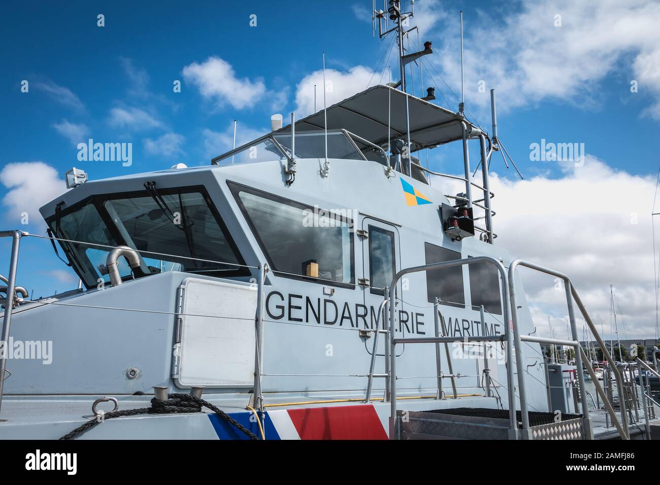 les Sables d Olonne, France - July 24, 2016: detail of the wheelhouse of a star of the French Gendarmerie Maritime (maritime police) on a summer day Stock Photo