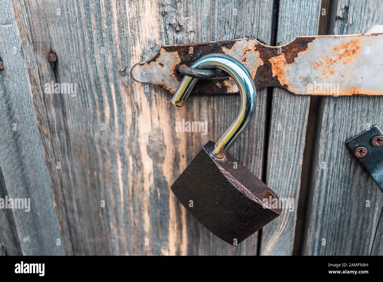 An open padlock hanging on the rotten wooden doors of an old barn Stock Photo