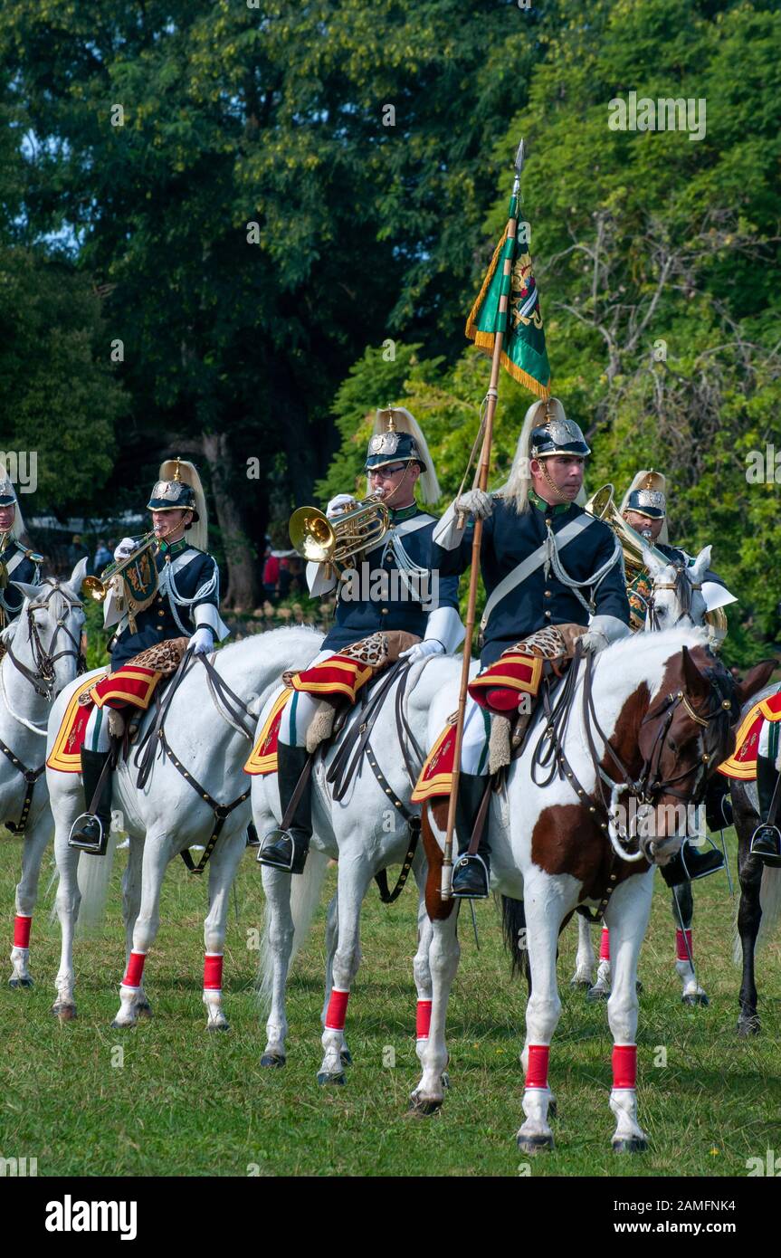 Members of the Portuguese National Guard's mounted brass band take part in the ceremony of Changing the Guard at the Belem palace in Lisbon, Portugal Stock Photo