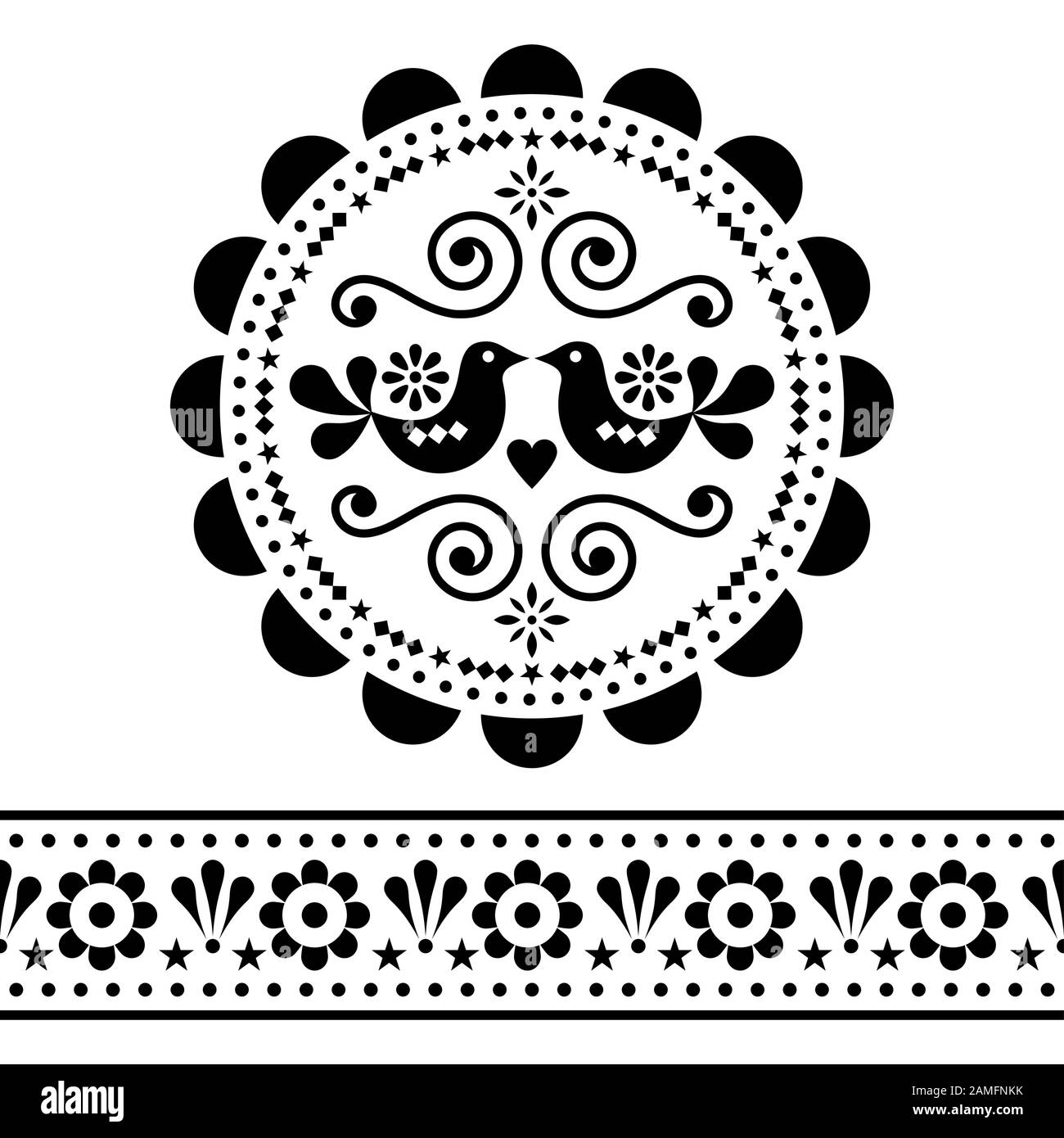 Scandinavian folk vector design pattern set - round and seamless design, cute floral ornament with birds in black on white background Stock Vector