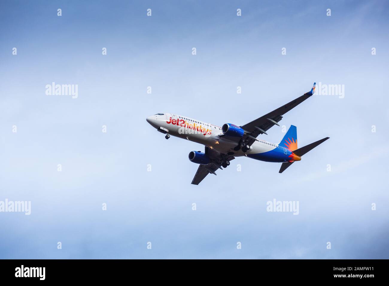 Jet 2 Holidays Airliner Approaching East Midlands Airport,UK. Stock Photo
