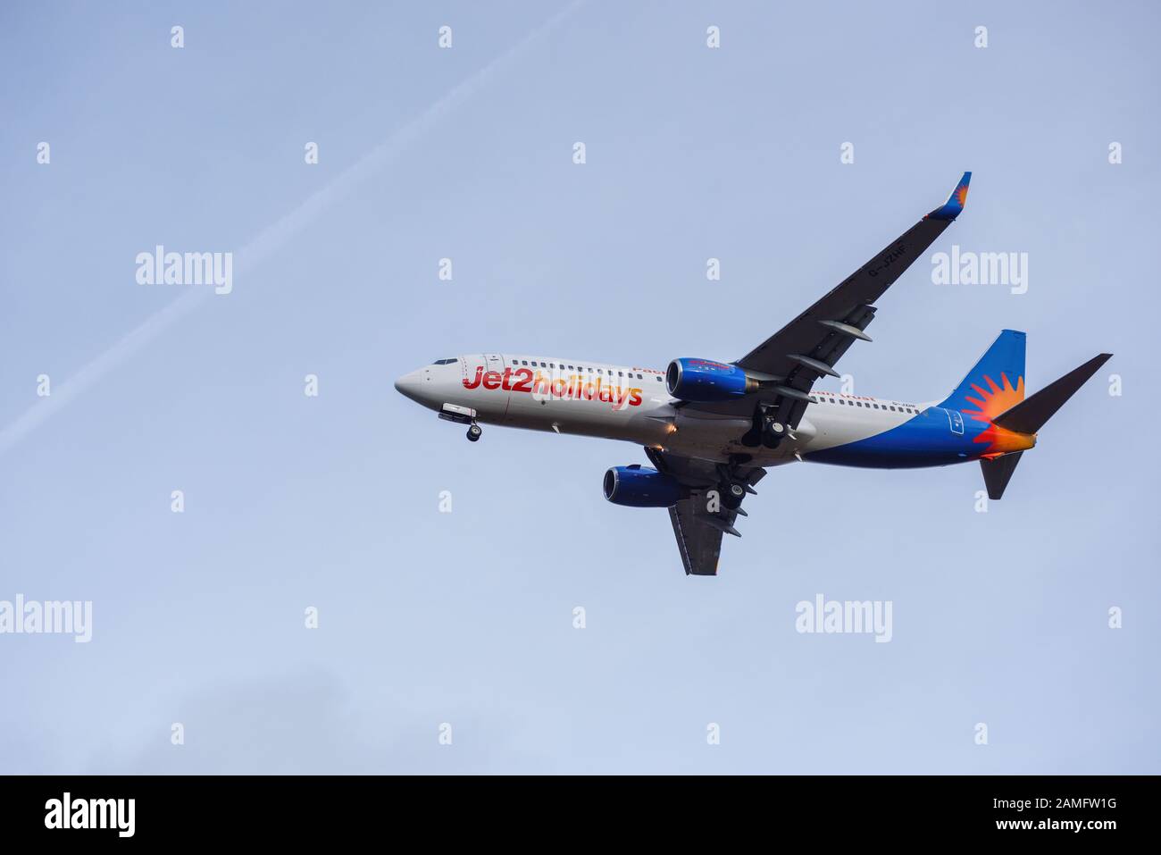 Jet 2 Holidays Airliner Approaching East Midlands Airport,UK. Stock Photo