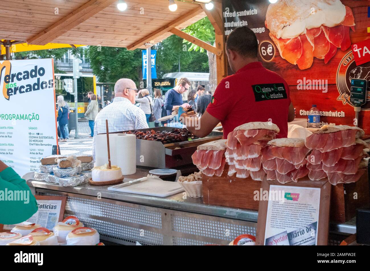 Food stalls in an outdoor Sunday market in Rossio Square, Lisbon, Portugal Stock Photo