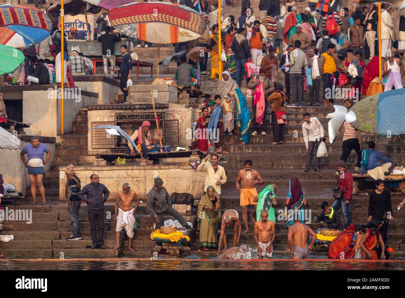 VARANASI, INDIA, JANUARY 18, 2019 : Traditional Ganges river bathing and Hindu ritual at sunrise along the Varanasi Ghats Stock Photo