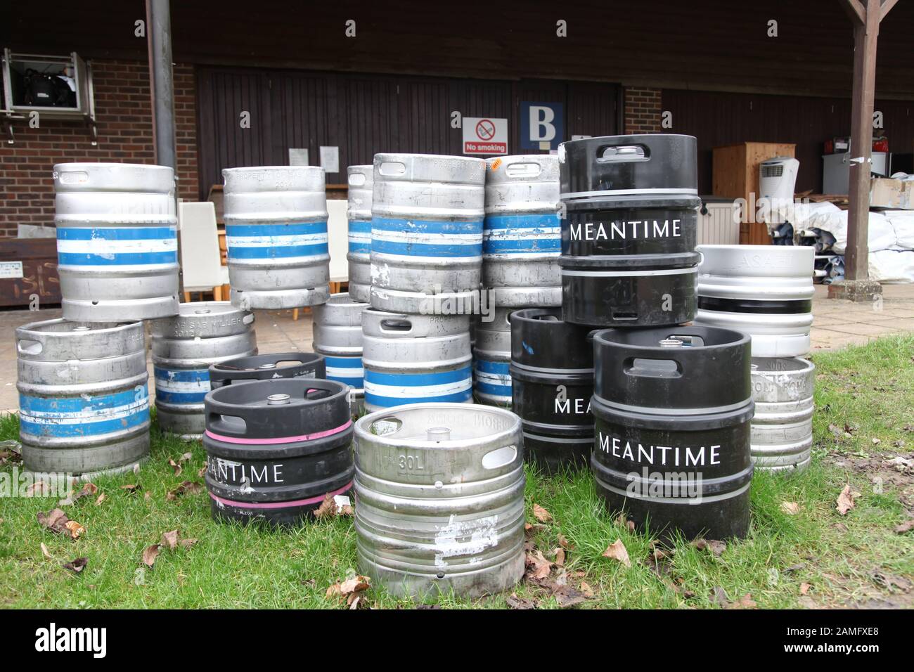 Beer barrels, kilderkins and firkins including Meantime IPA stacked