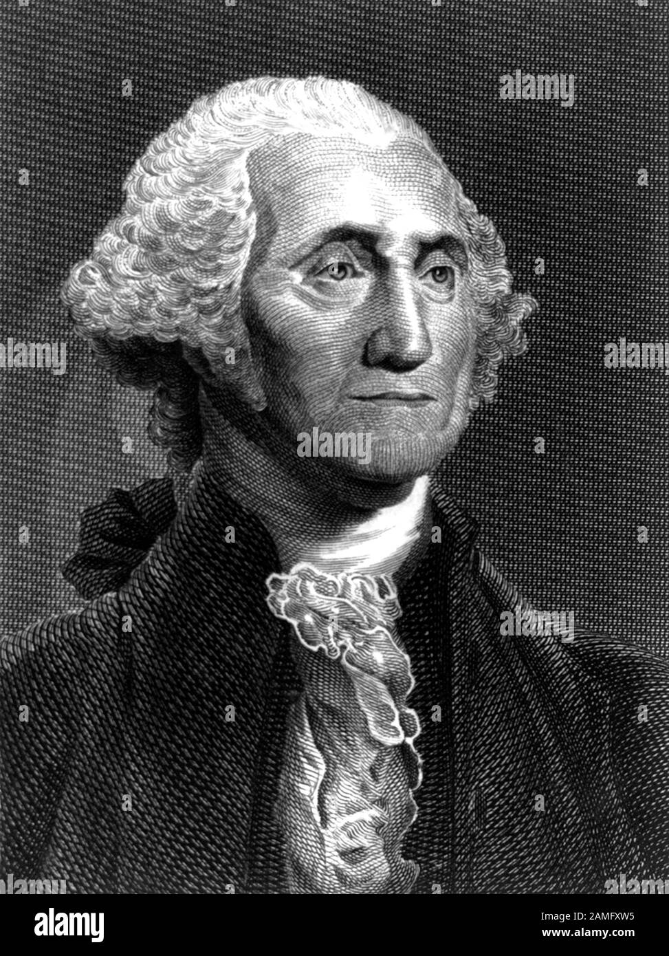 Vintage portrait of George Washington (1732 - 1799) – Commander of the Continental Army in the American Revolutionary War / War of Independence (1775 – 1783) and the first US President (1789 - 1797). Undated print from an engraving by S Topham after a painting by artist Gilbert Stuart (1755 – 1828). Stock Photo