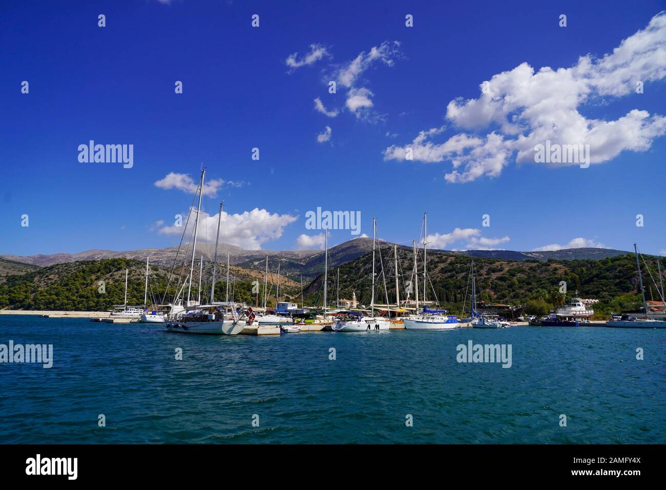 Boats and yachts in the Argostoli harbour On the Greek Island of Cephalonia, Ionian Sea, Greece Stock Photo