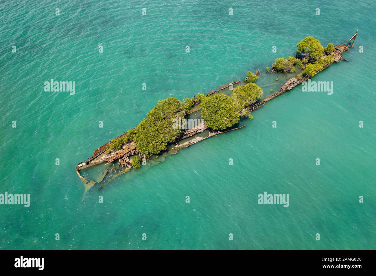 Aerial shot of the SS City of Adelaide shipwreck at the coast of Magnetic Island. Stock Photo