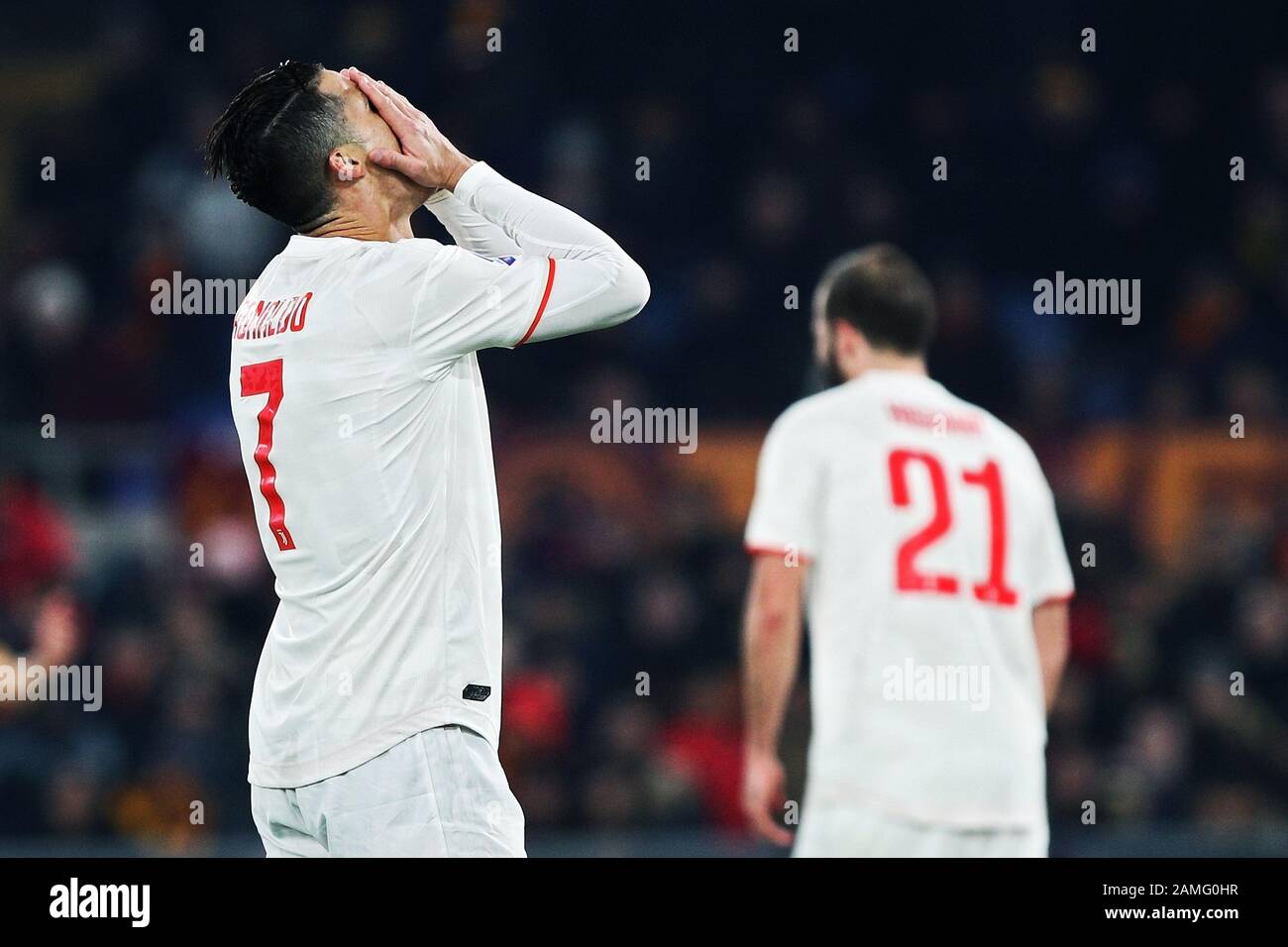 Cristiano Ronaldo of Juventus reacts during the Italian championship Serie A football match between AS Roma and Juventus on January 12, 2020 at Stadio Olimpico in Rome, Italy - Photo Federico Proietti/ESPA-Imaes Stock Photo
