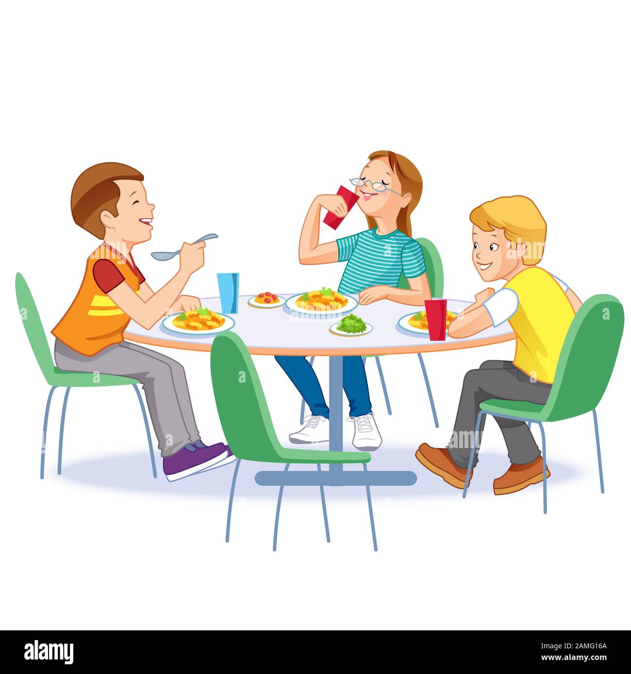Happy kids having lunch by themselves. Two boys and girl eating lunch meals at table. Child nutrition concept. Stock Vector