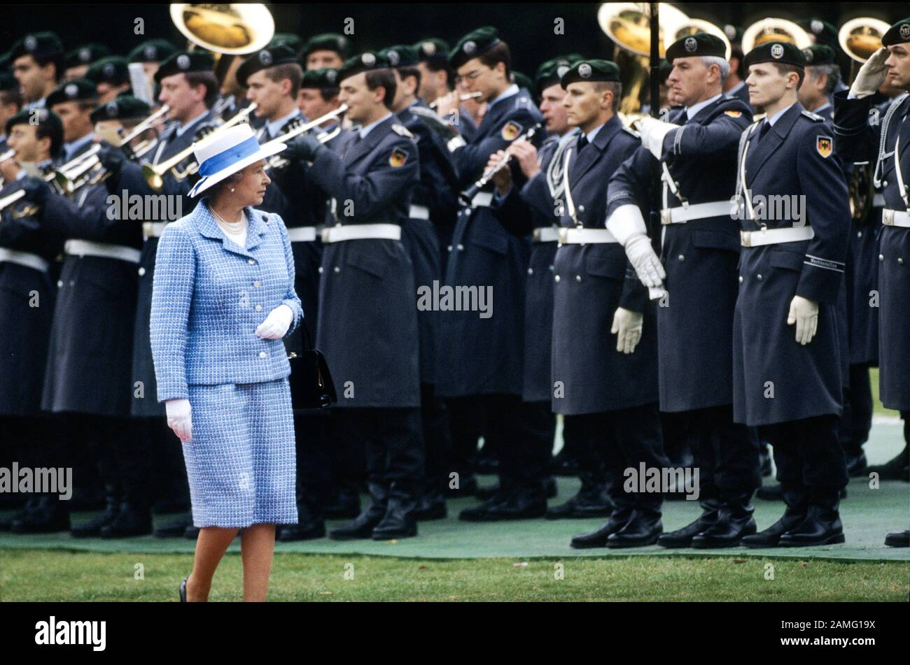 HM Queen Elizabeth II inspects the German Army at San Souci Palace, Potsdam, Berlin, Germany 1992. Stock Photo