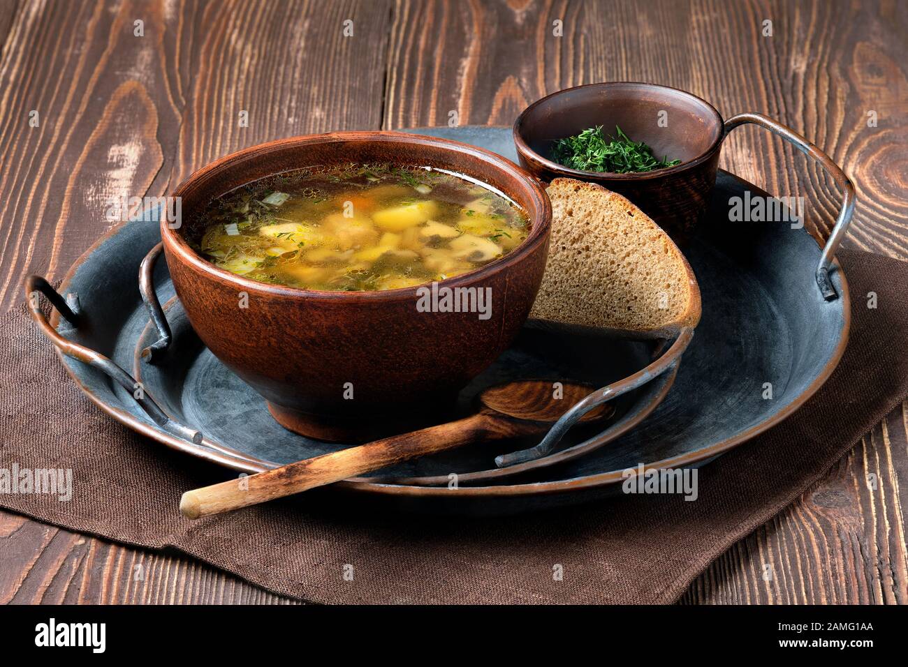 Rustic lunch with champignon soup Stock Photo - Alamy