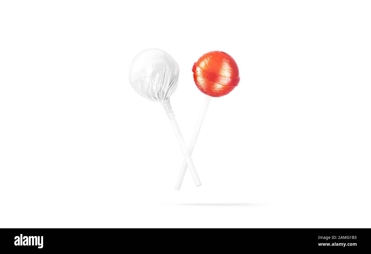 Blank two caramel lollipop with white wrapper mockup, no gravity Stock Photo
