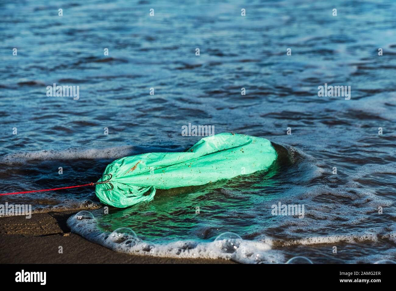 closeup of a used green plastic bag in a fish hook, freshly fished in the ocean Stock Photo