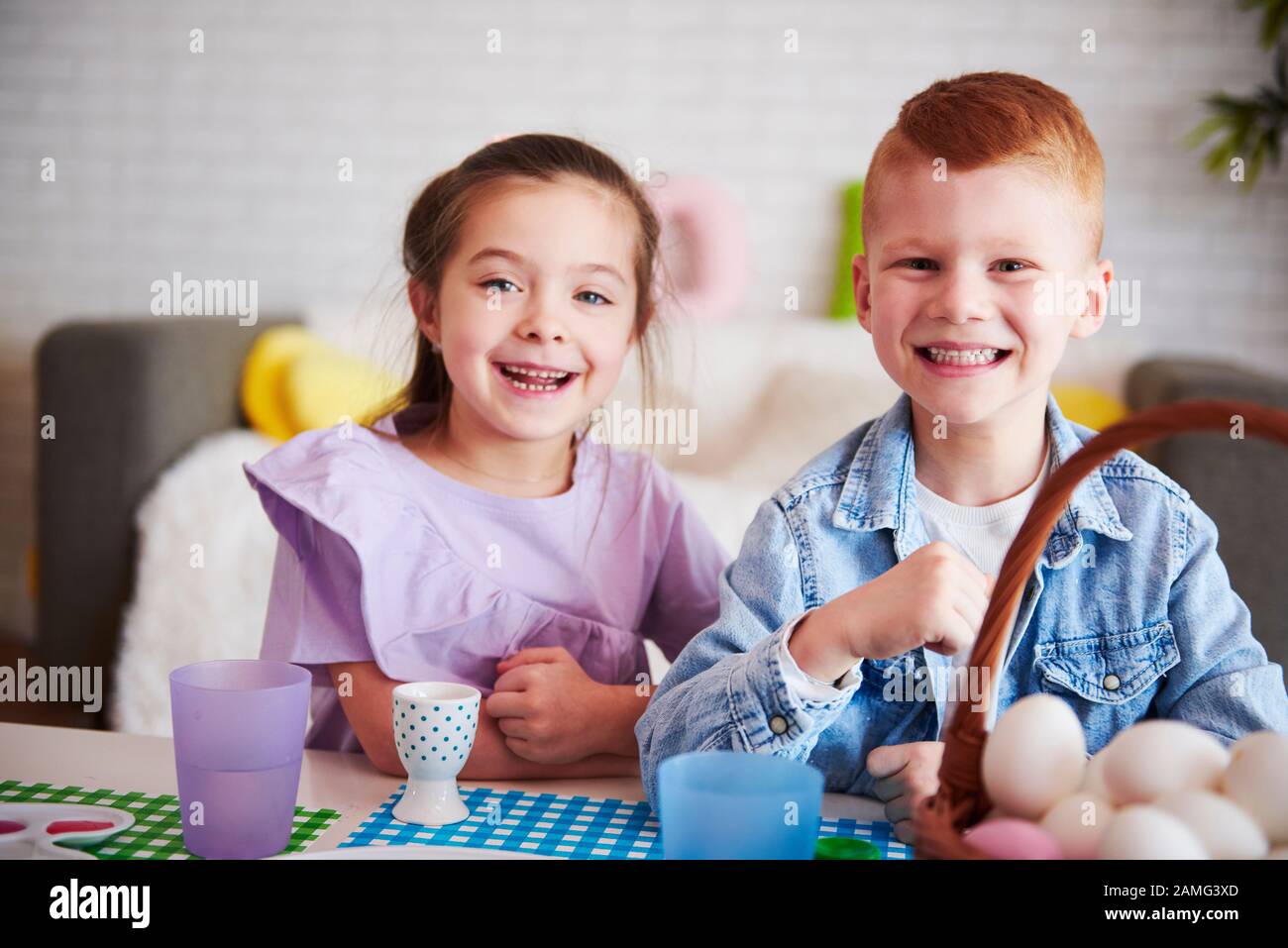 Portrait of smiling kids in easter time Stock Photo