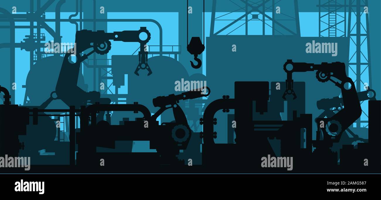 Industrial plant shop interior, factory production line - manufacturing department with engineering tool silhouettes Stock Vector