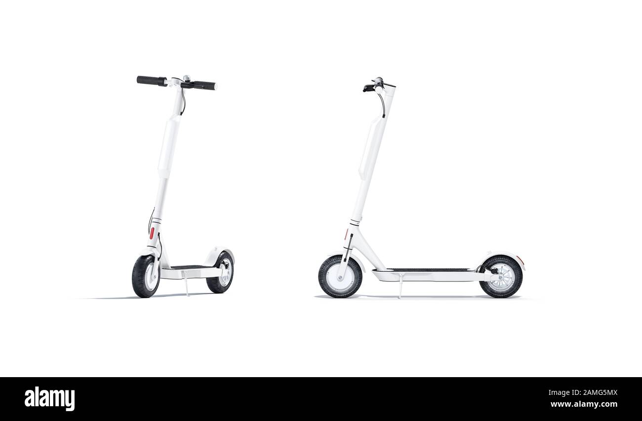 Blank white electric scooter with banner mockup, front and side Stock Photo