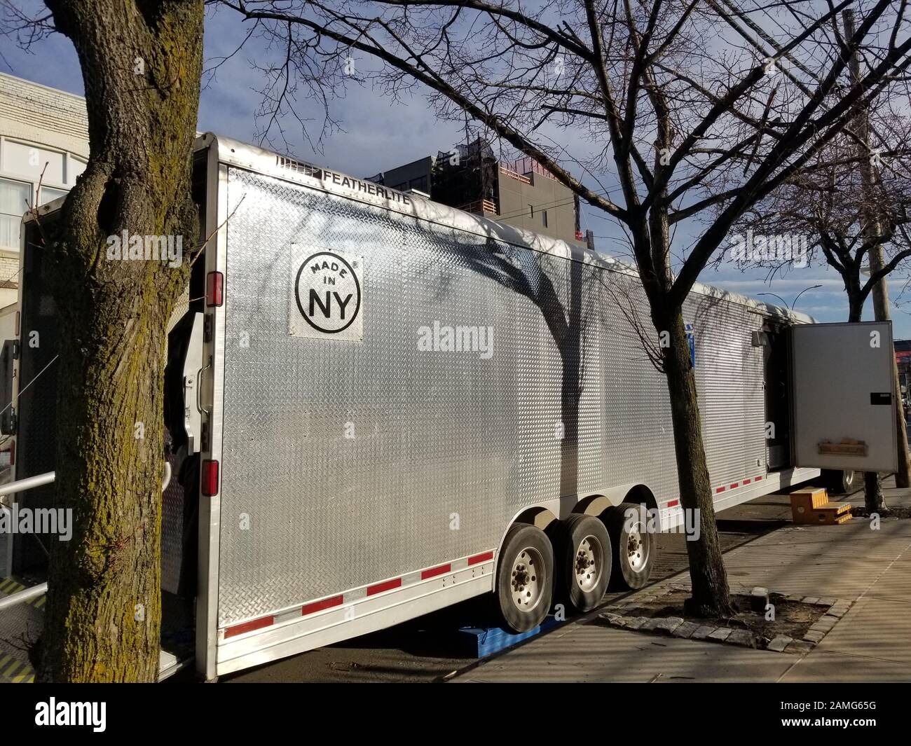 Mayor's Office of Media and Entertainment, Made In NY truck parked on 11th Street in Long Island City, Queens, New York, to assist in film production, March 11, 2019. () Stock Photo