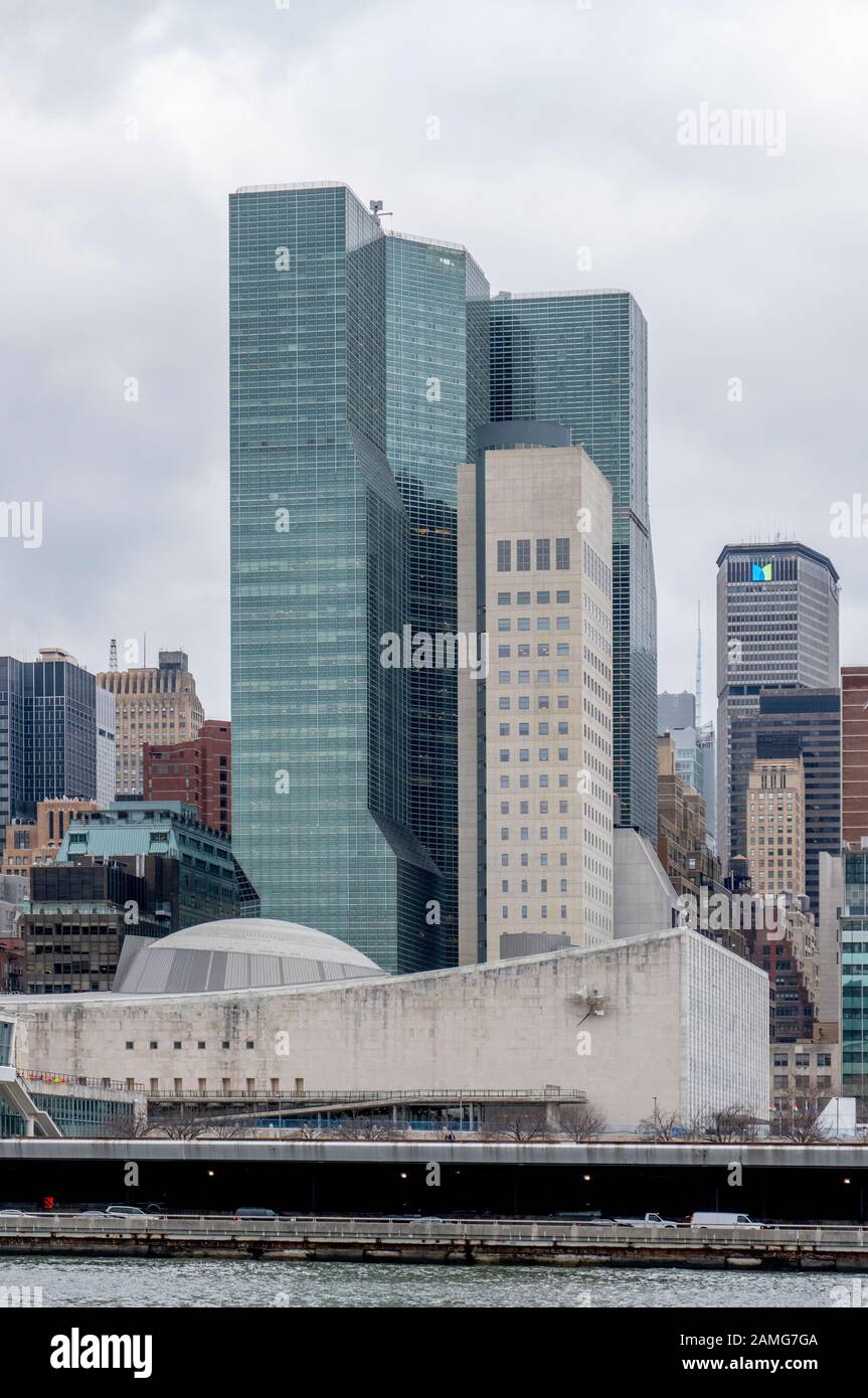 The US Mission to the United Nations building and the Millennium Hotel UN Plaza (rear), New York City, United States of America 2018. Stock Photo