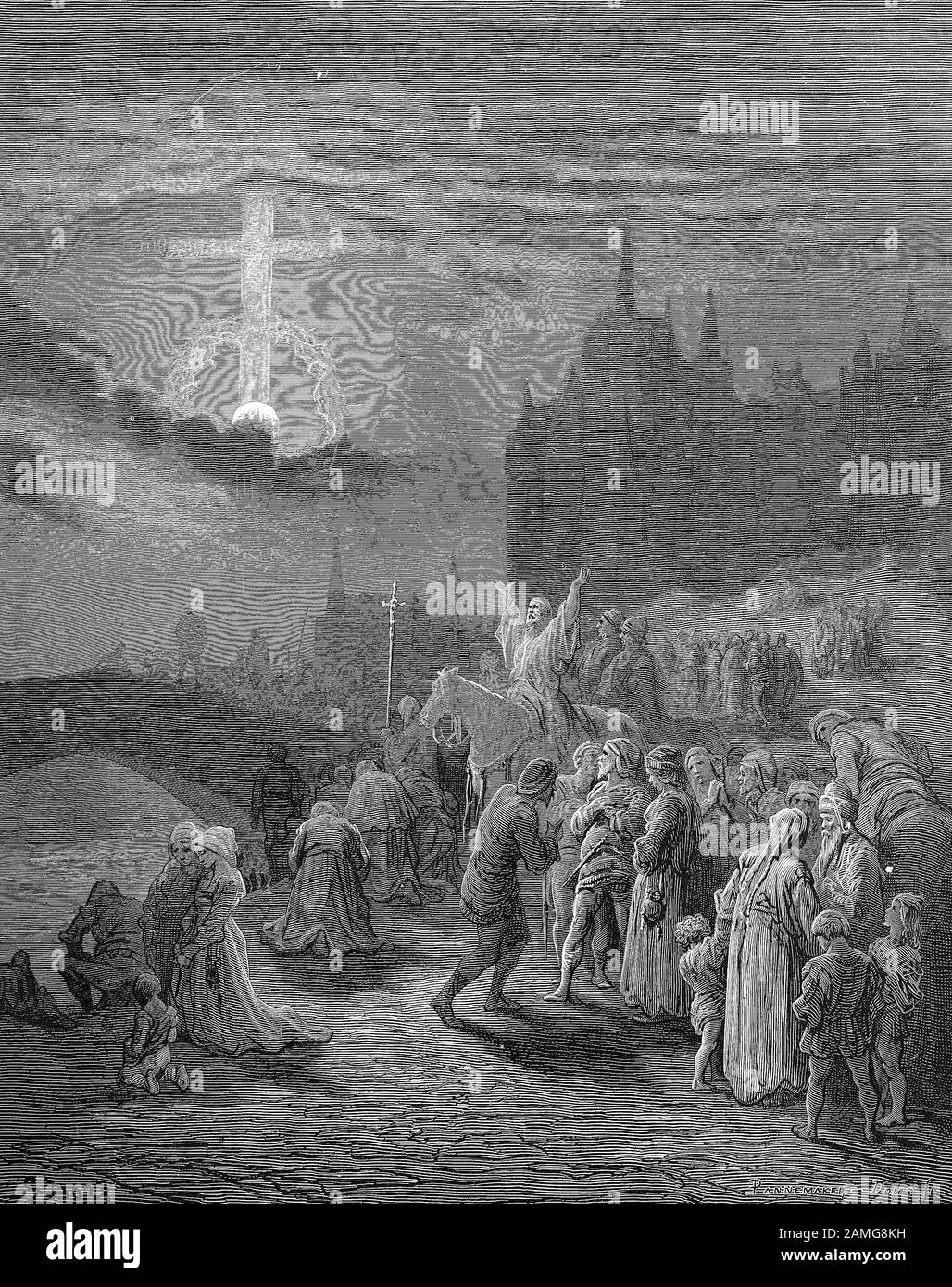 The crusades were a series of religious wars in western Asia and Europe initiated, supported and sometimes directed by the Catholic Church, ein Zeichen am Himmel für die Kämpfer des dritten Kreuzzuges, Kreuzzüge waren von der Lateinischen Kirche sanktionierte, strategisch, religiös und wirtschaftlich motivierte Kriege zwischen 1095/99 und dem 13. Jahrhundert, Historisch, digital improved reproduction of an original from the 19th century / digitale Reproduktion einer Originalvorlage aus dem 19. Jahrhundert Stock Photo