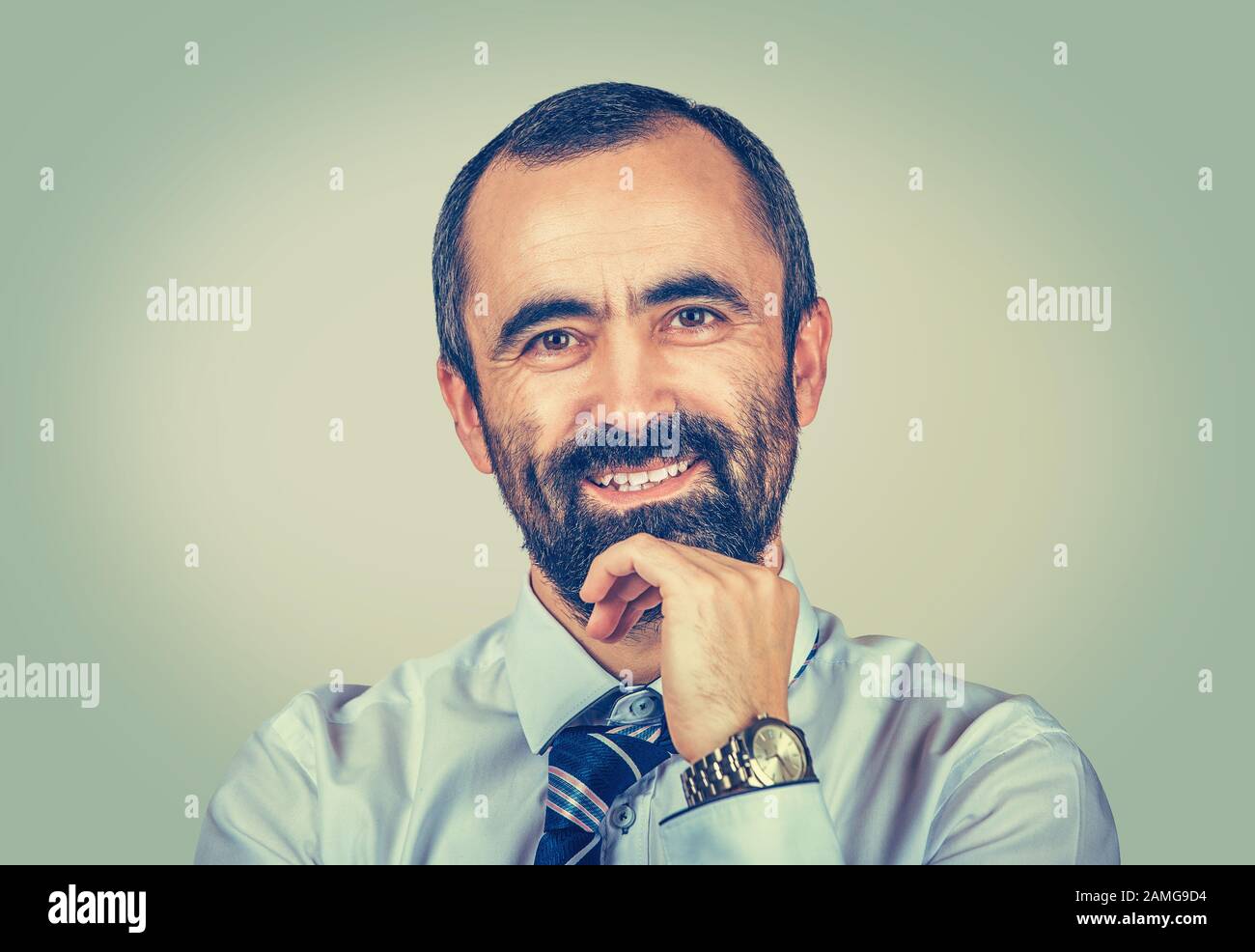 Portrait Cheerful Bearded Man With Hand On Chin Looking To You