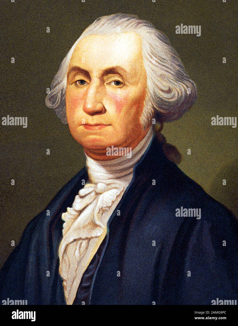 Vintage portrait of George Washington (1732 - 1799) – Commander of the Continental Army in the American Revolutionary War / War of Independence (1775 – 1783) and the first US President (1789 - 1797). Detail from a print circa 1876 by Strobridge & Co of Cincinnati. Stock Photo
