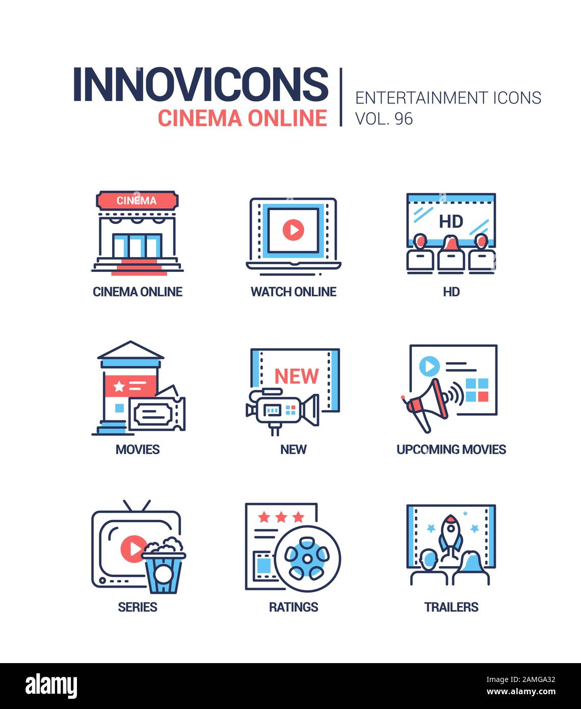 Cinema online - vector line design style icons set Stock Vector Image ...