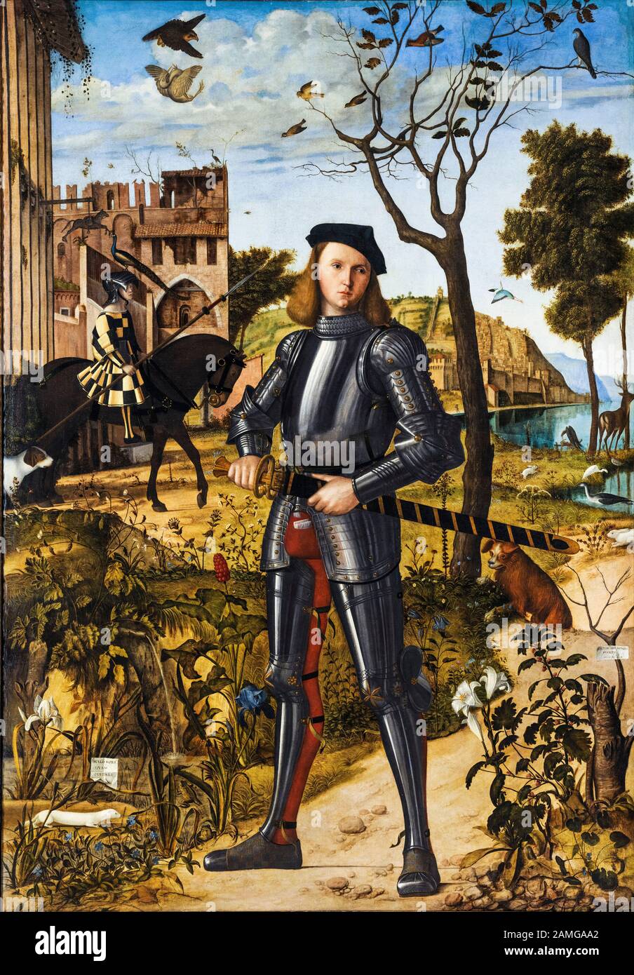 Vittore Carpaccio, Young Knight in a Landscape (Portrait of a Knight), painting, 1510 Stock Photo