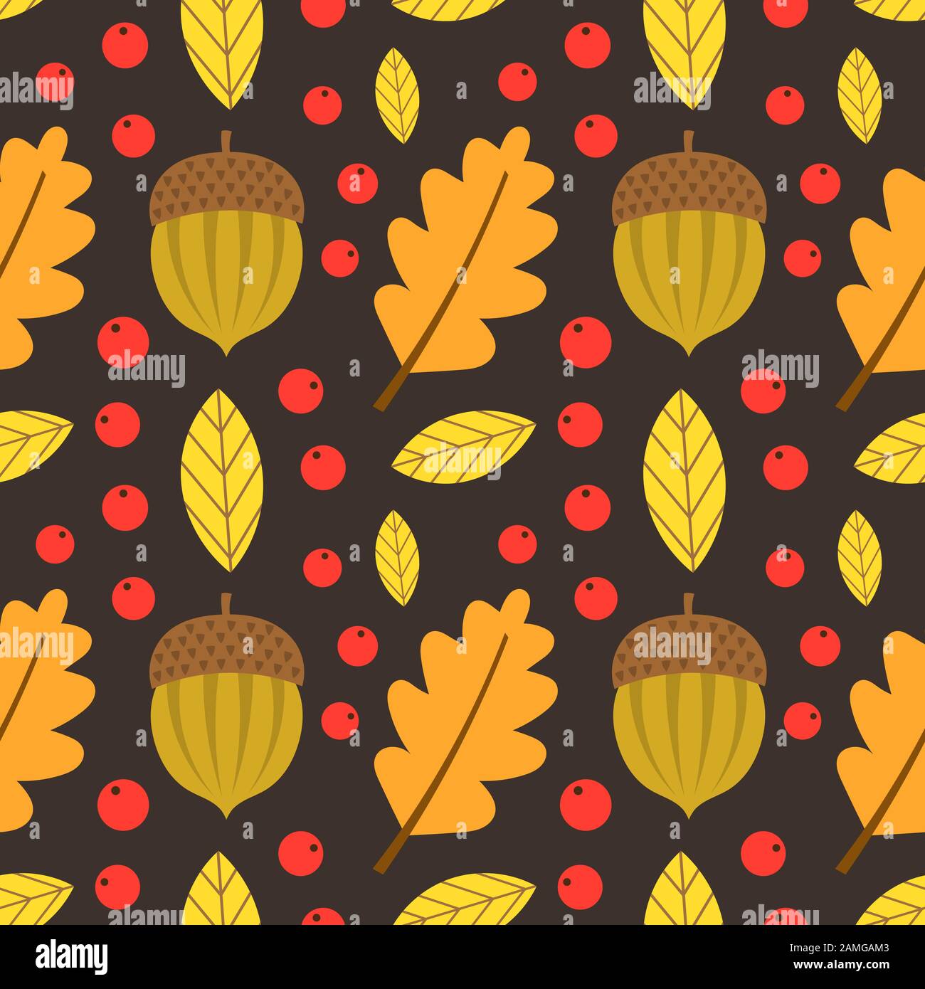 Autumn leaves, acorns and berries seamless pattern. Vector illustration ...