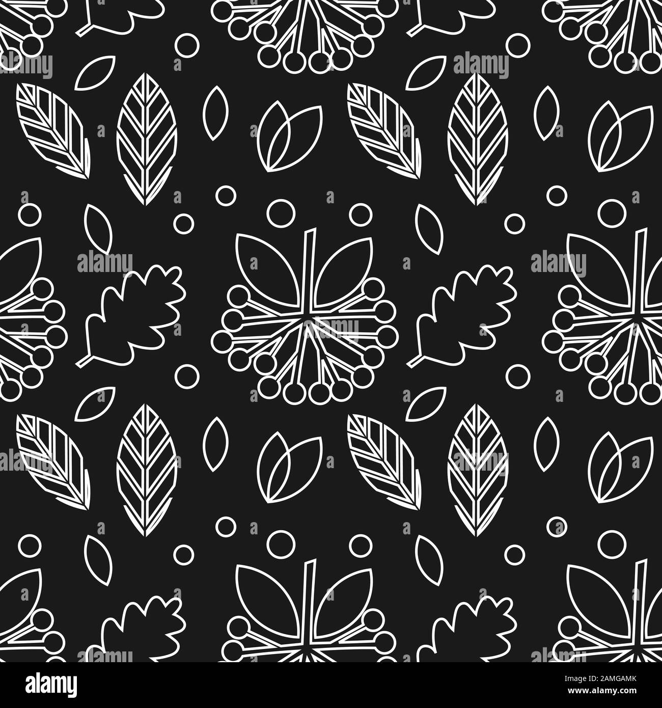 Autumn leaves and fruits black and white outline pattern. Vector ...
