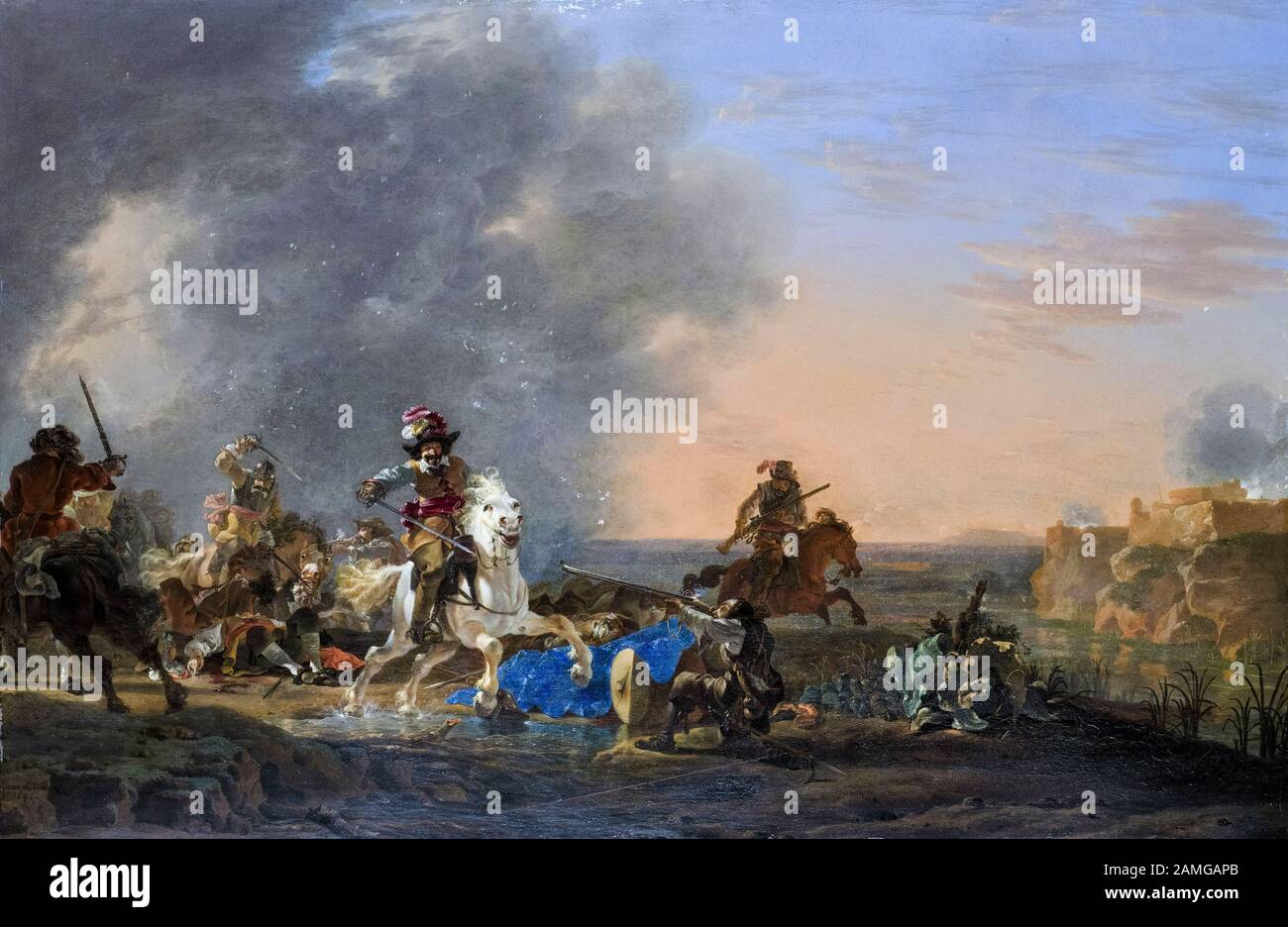 Jan Asselijn, Cavalry Attack at Sunset, painting, 1646 Stock Photo