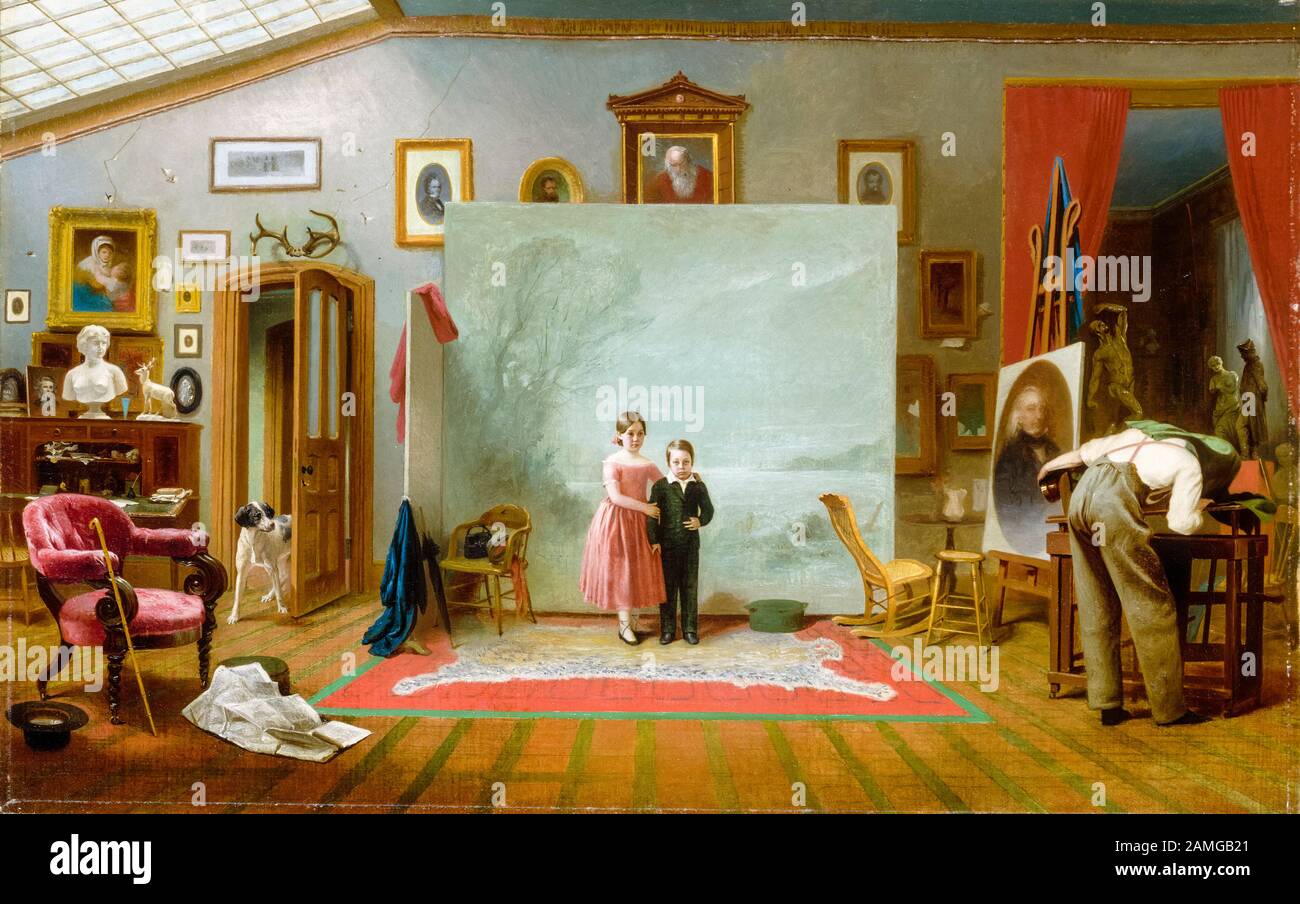 Thomas Le Clear, Interior with Portraits, painting, circa 1865 Stock Photo